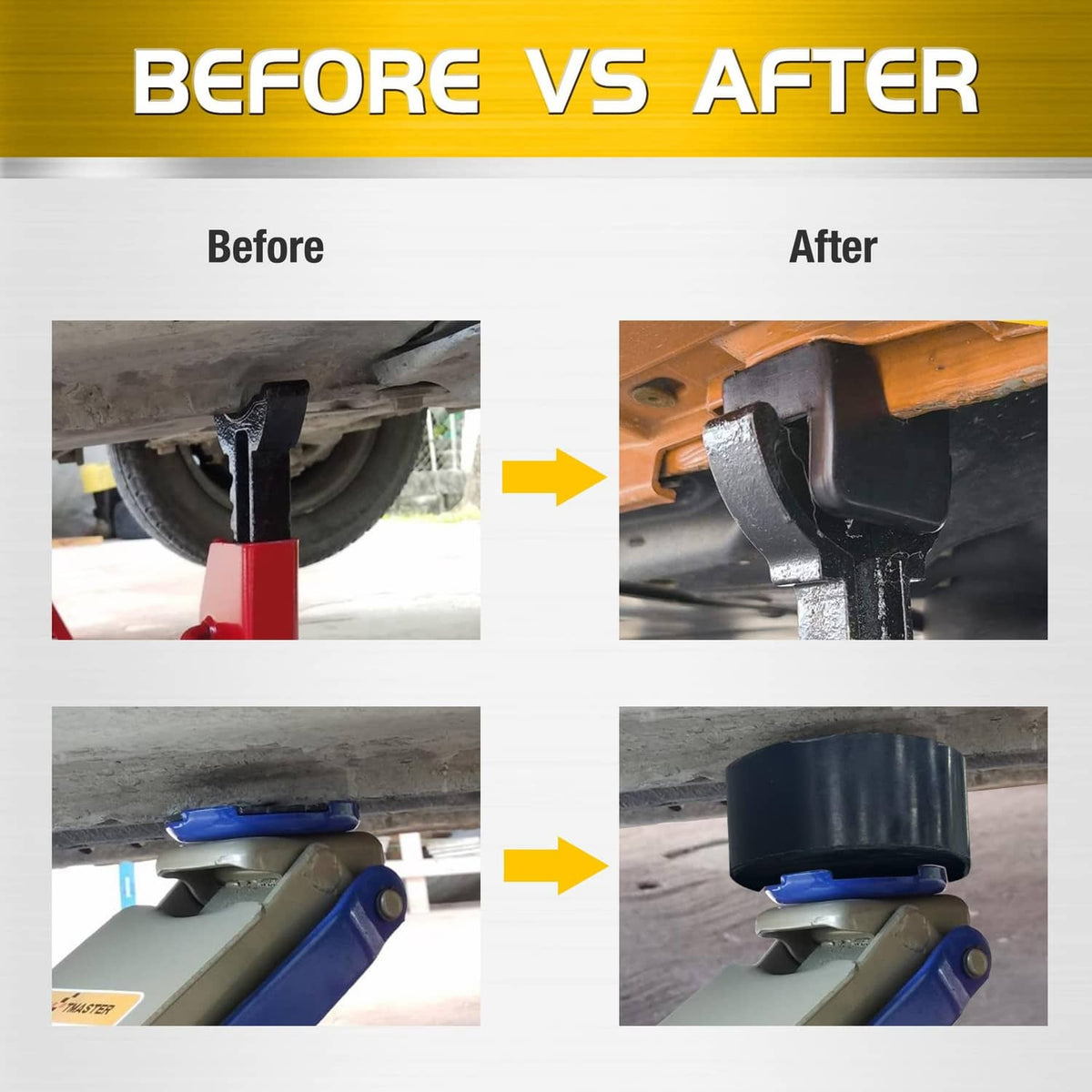 Black rubber jack pads shown protecting the frame rail from direct contact