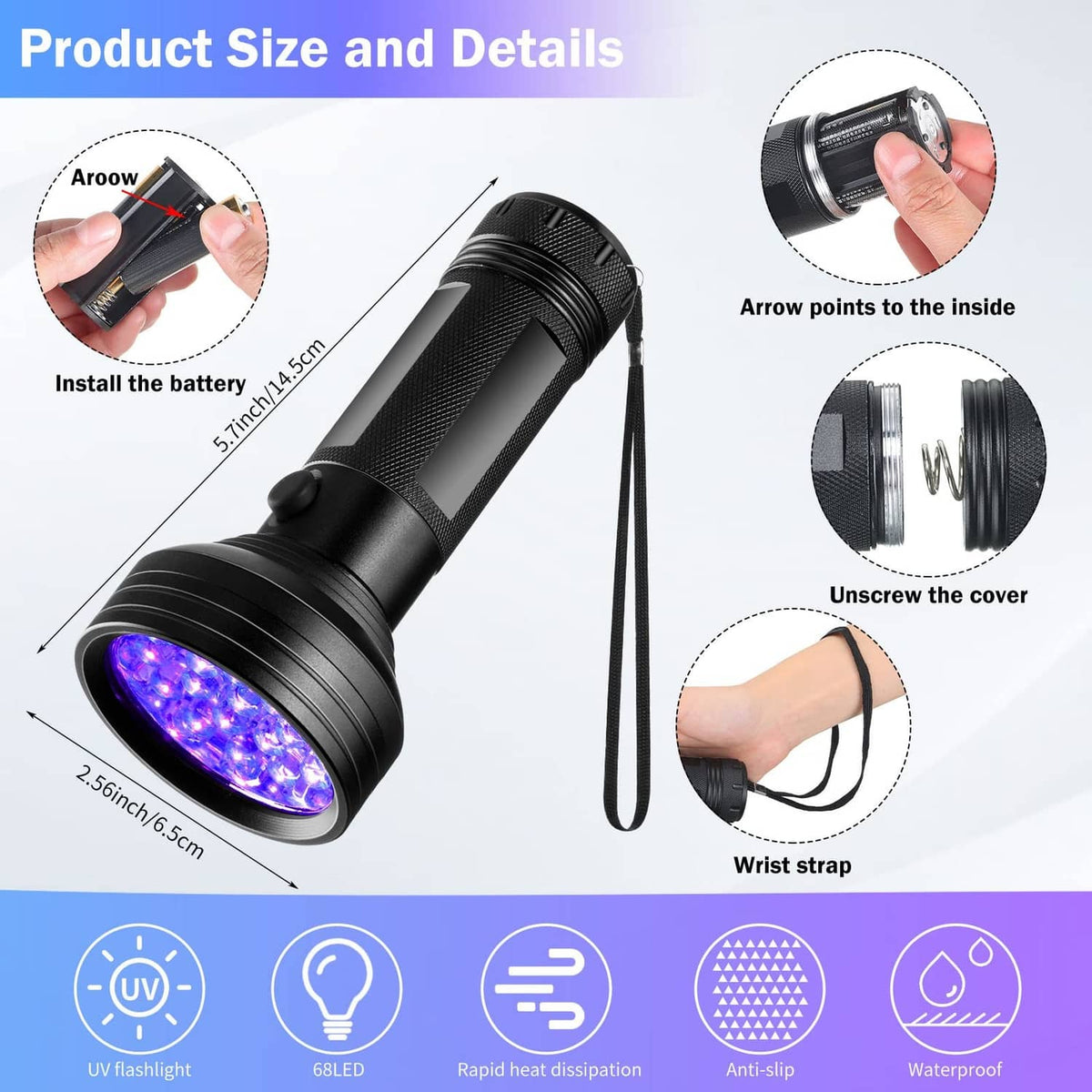 Black handheld leak detector LED light with wrist strap and flexible probe