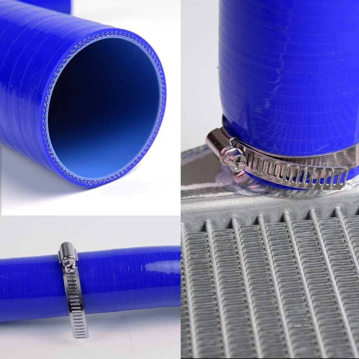 Blue silicone radiator hose with stainless clamp securing the reinforced end