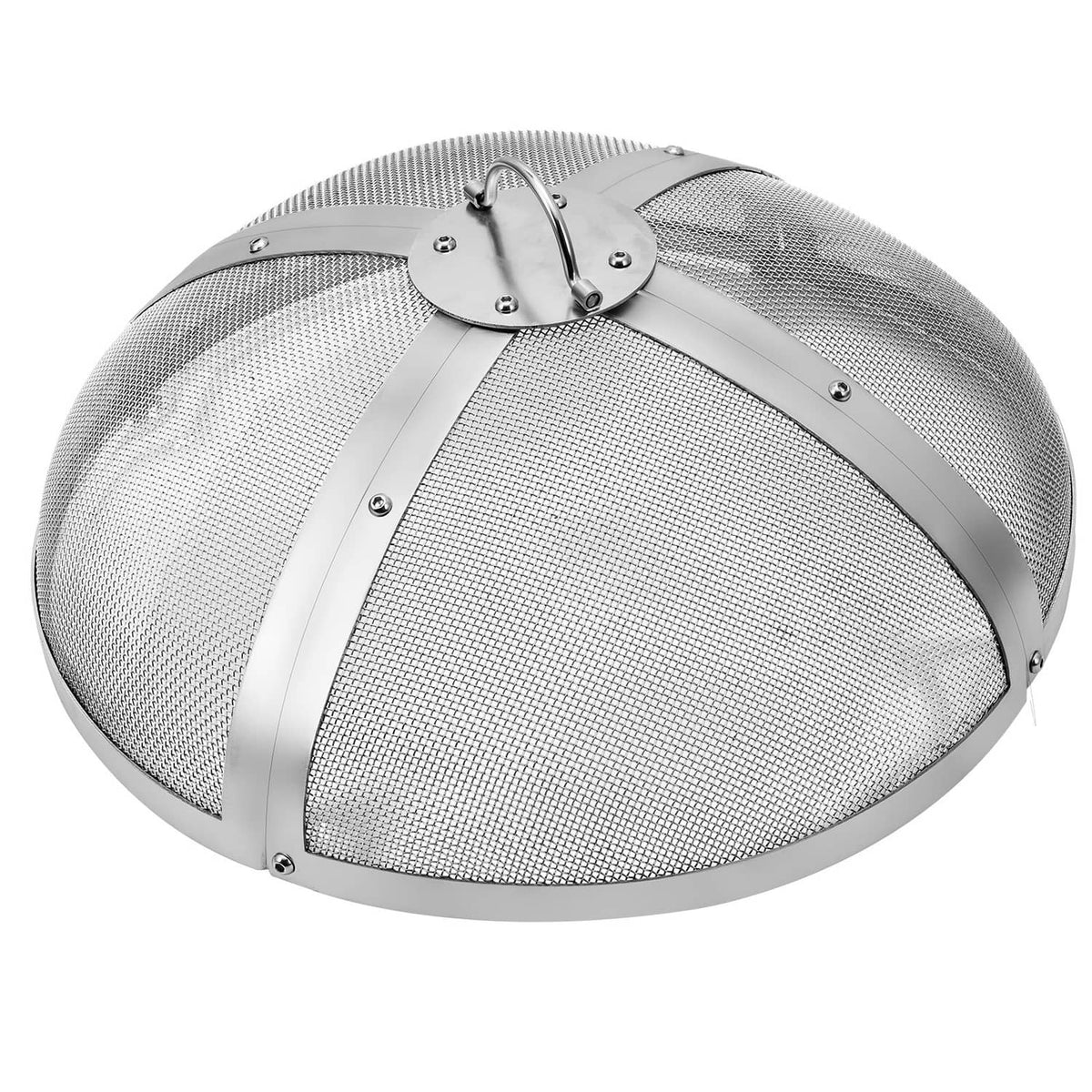 Round stainless steel firepit spark screen cover with domed mesh and arched handle
