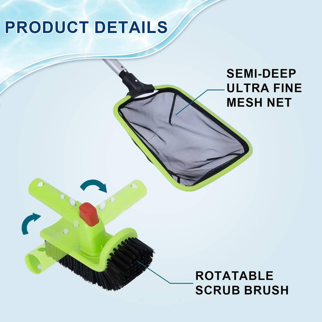 Semi-deep ultra-fine mesh pool net with rotatable scrub brush and green head