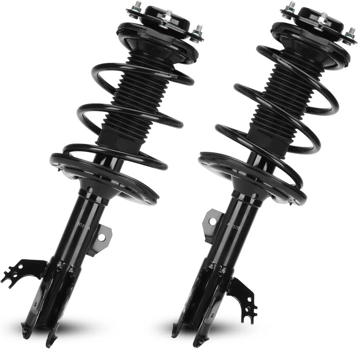 Front strut shock absorbers with coil springs, top mounts, and black mounting hardware