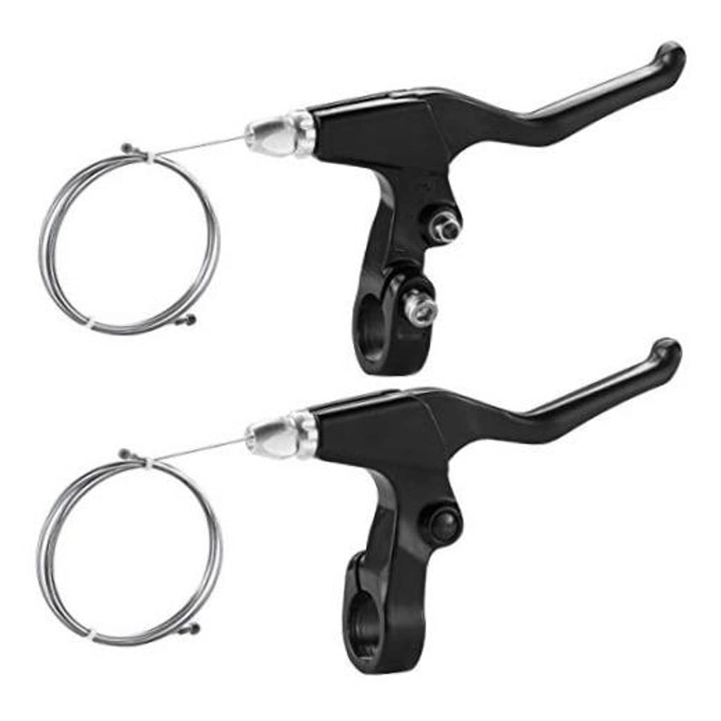 Pair of short black bicycle brake levers with silver steel cables for MTB handlebars