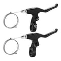 Pair of short black bicycle brake levers with silver steel cables for MTB handlebars