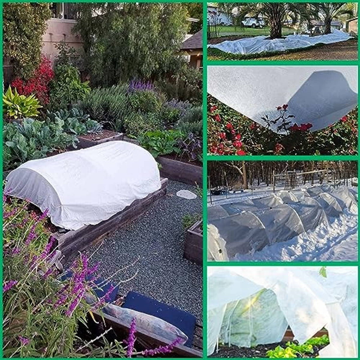 Plant cover frost cloth stretched over raised garden beds during cold weather