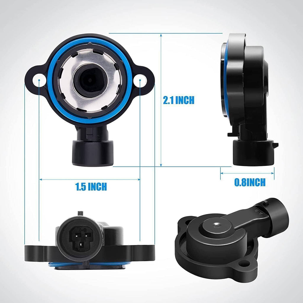 Throttle position sensor with blue inner ring, black housing, and height/width dimensions