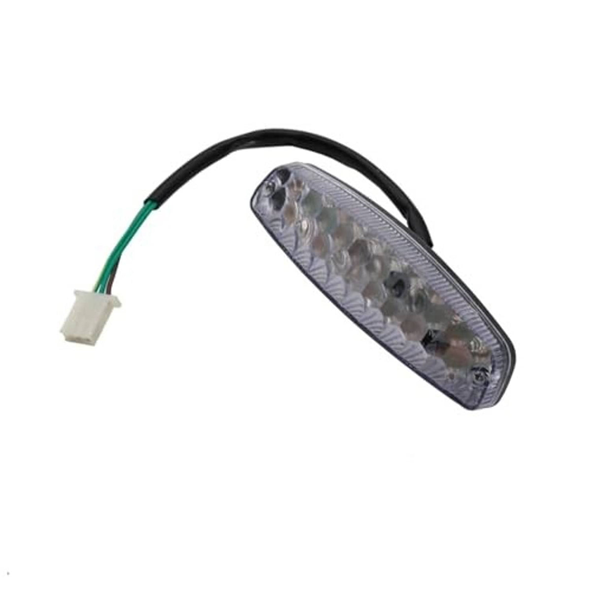 Clear-lens rear tail brake light with angled LED housing and green wire lead