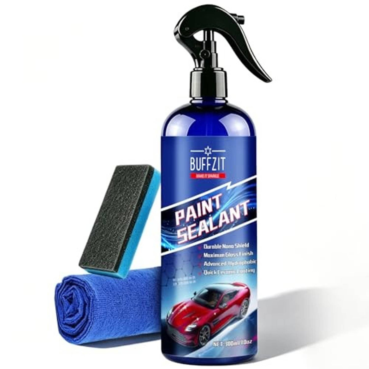 Paint sealant spray bottle with black trigger, beside dark sponge and rolled microfiber cloth