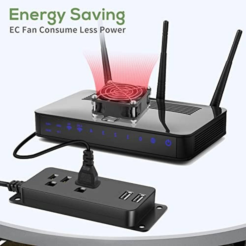 EC cooling fan shown with a black Wi‑Fi router, antennas and power ports