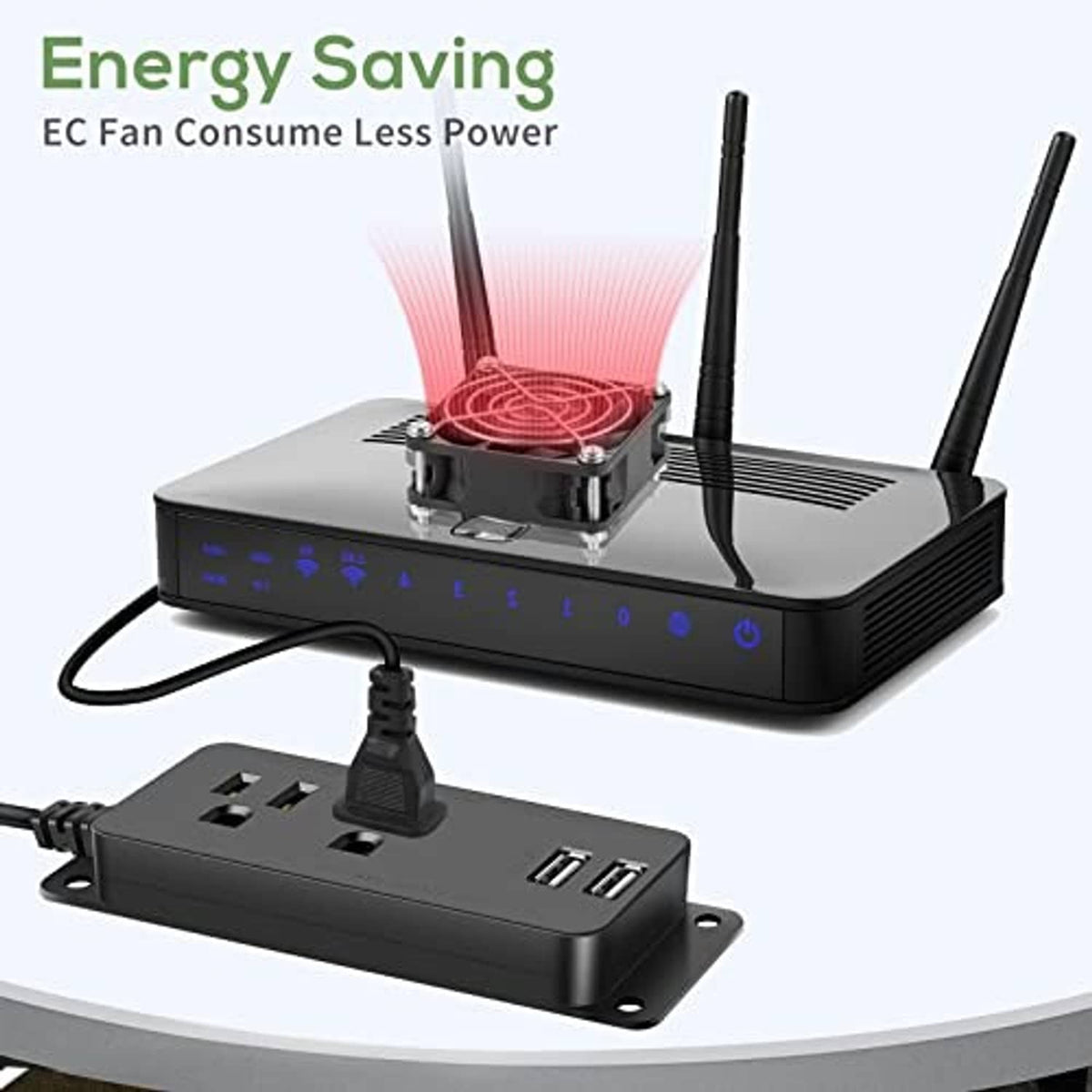 EC cooling fan shown with a black Wi‑Fi router, antennas and power ports