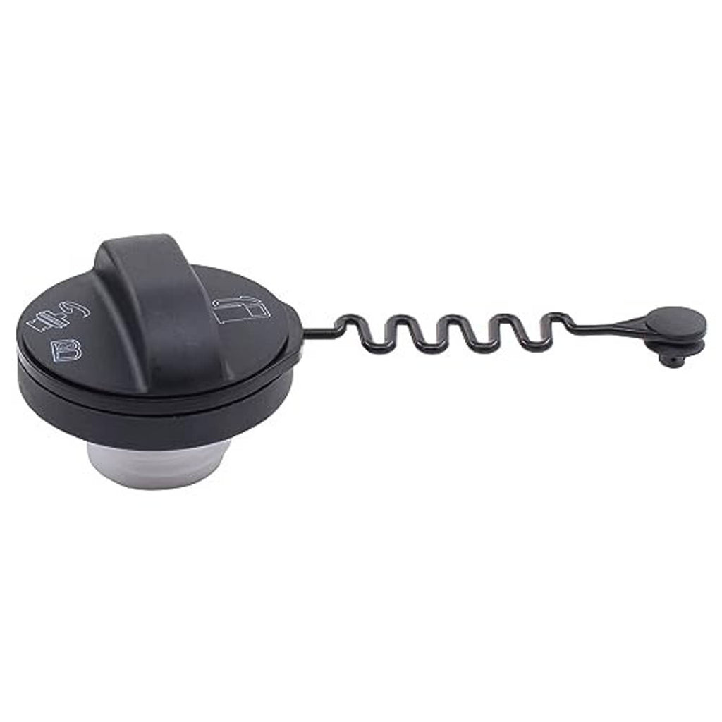 Round black fuel cap with icons and tether spring