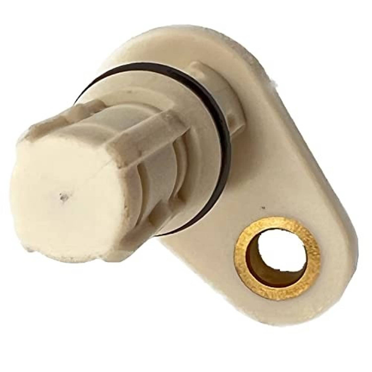 Crankshaft position sensor with white body, black seal ring, and gold mounting ring
