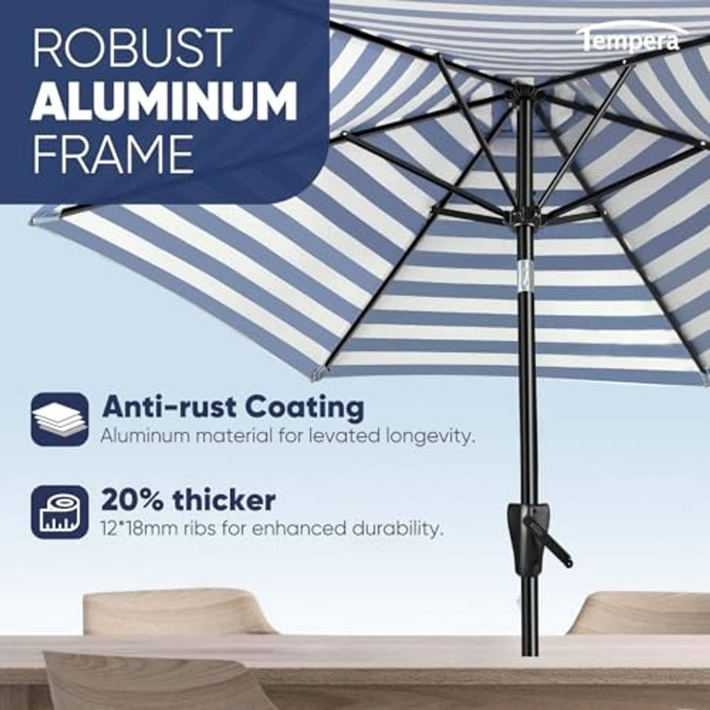 Blue-and-white striped beach umbrella frame with central pole and cross supports