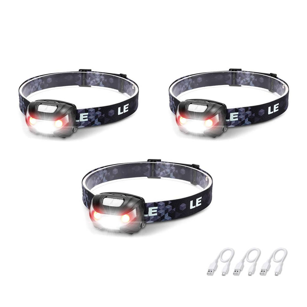 Rechargeable headlamp 3-pack with adjustable strap and red LED glow, three units shown