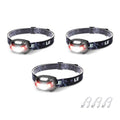 Rechargeable headlamp 3-pack with adjustable strap and red LED glow, three units shown