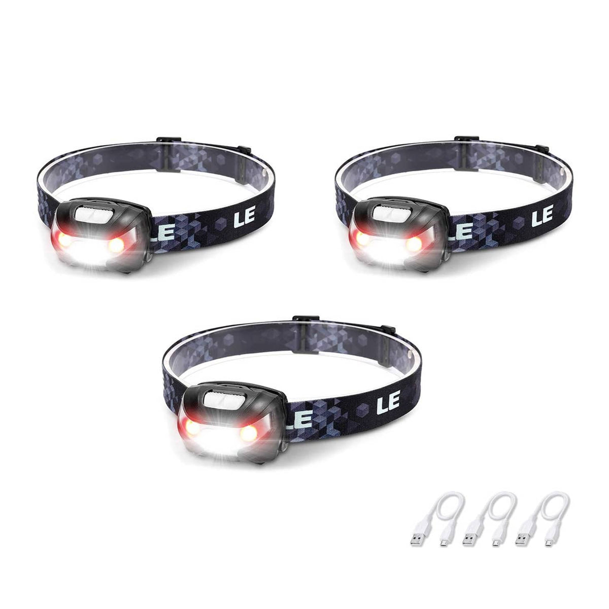 Rechargeable headlamp 3-pack with adjustable strap and red LED glow, three units shown