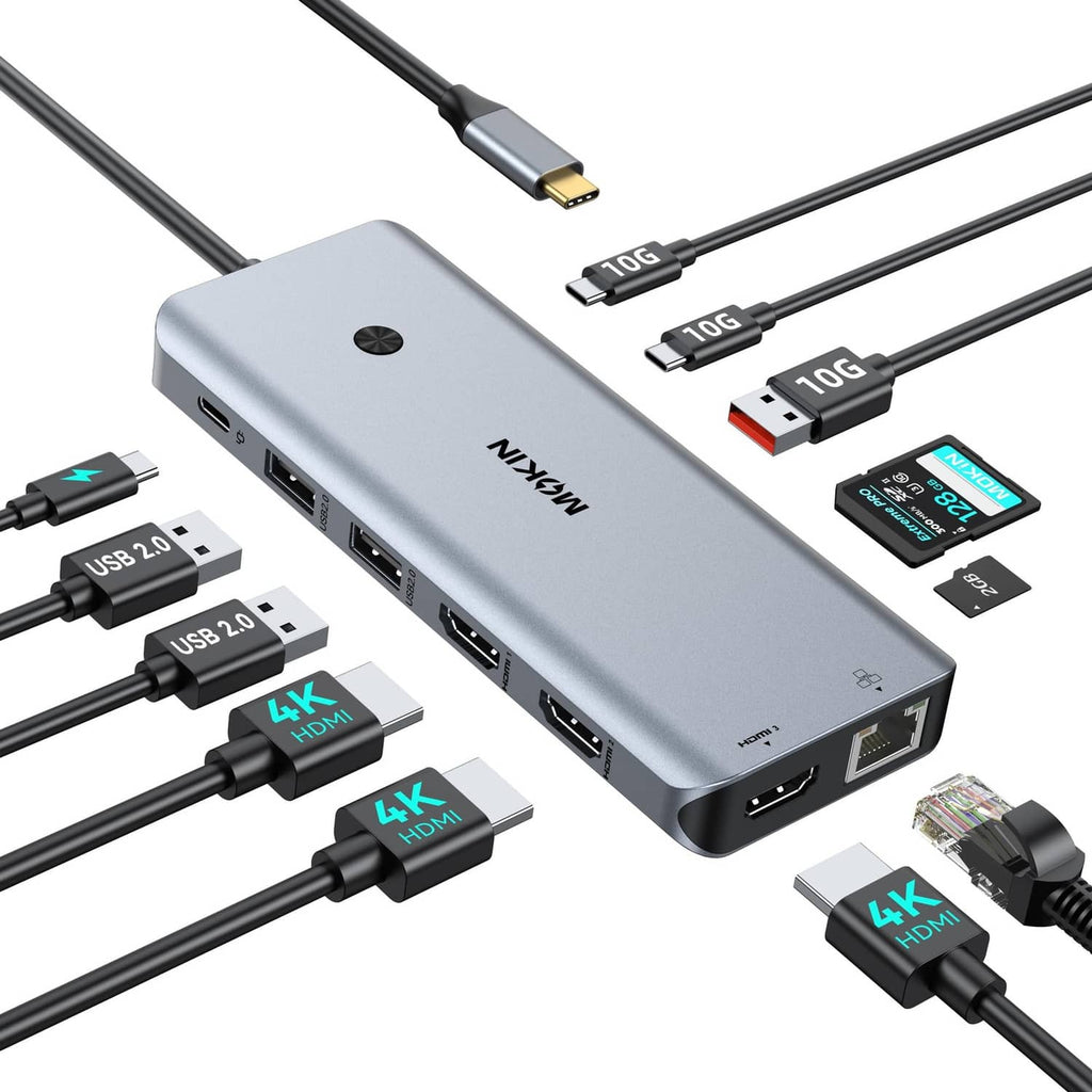 MOKiN USB-C docking station with multiple connected HDMI and USB cables around the ports