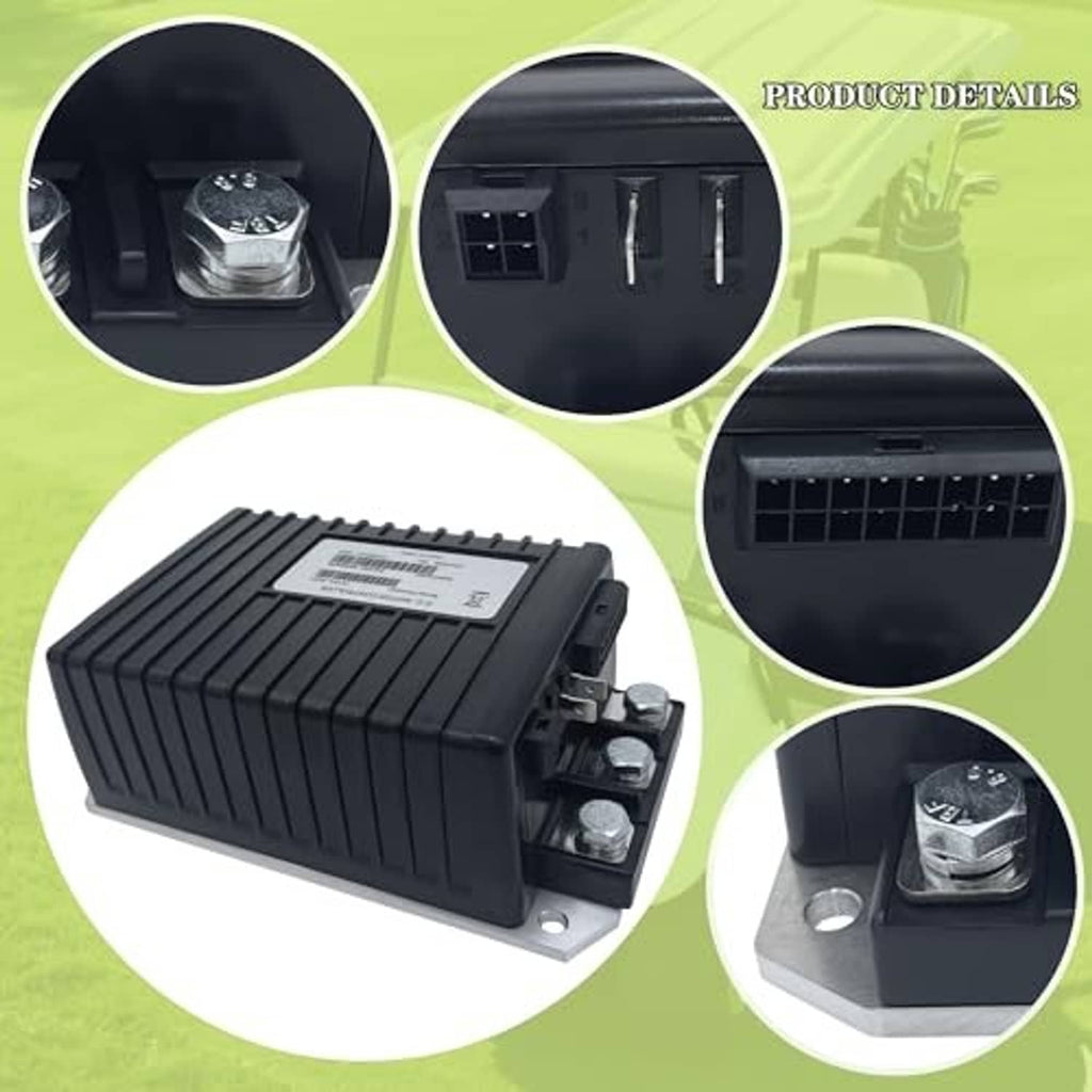 Black controller unit with close-up details of wiring terminals and mounting points