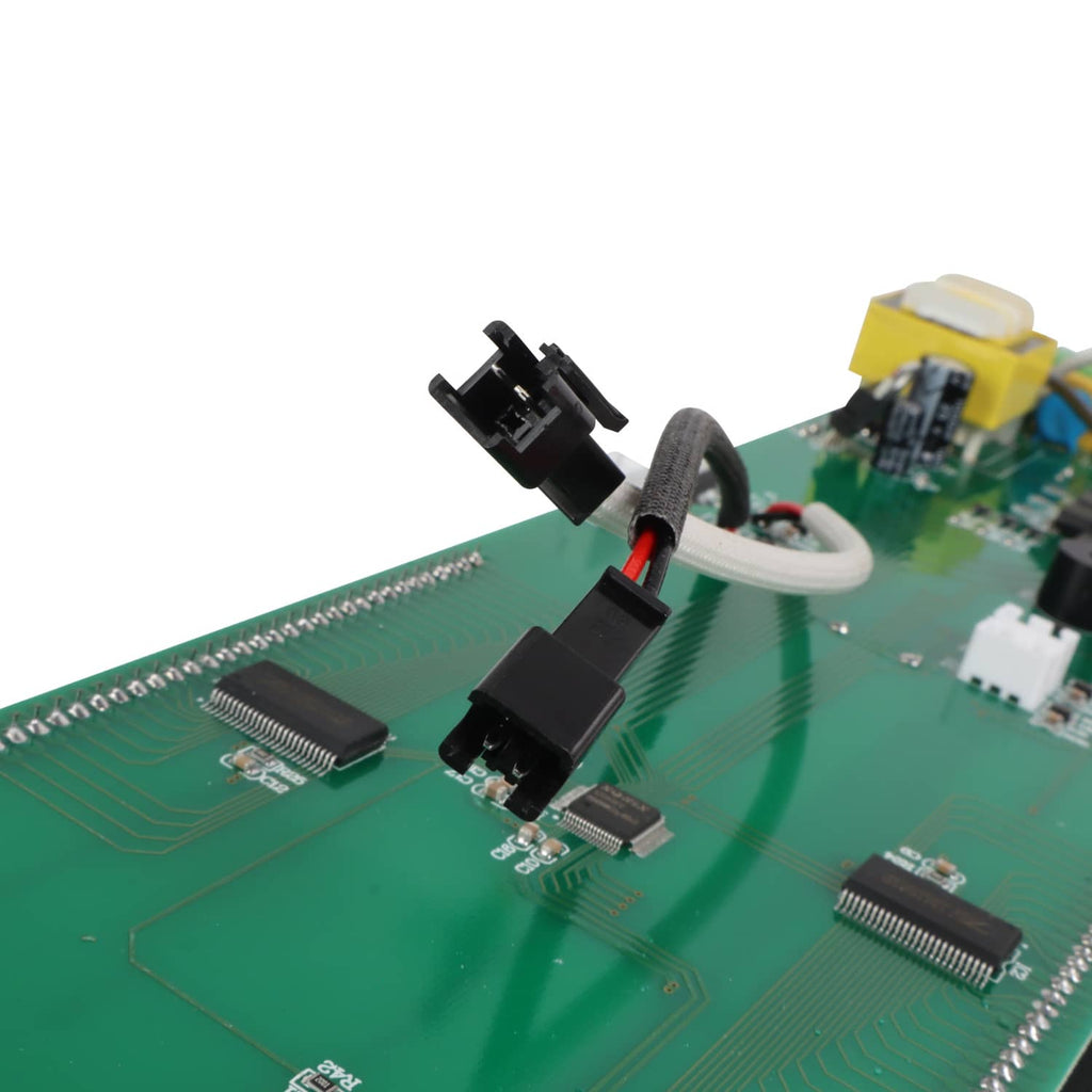 Pellet grill control board close-up of small components, wires, and connector housing