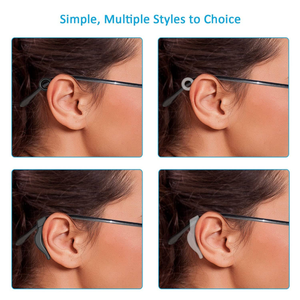 Silicone eyeglass ear grip on wearer’s ear, black