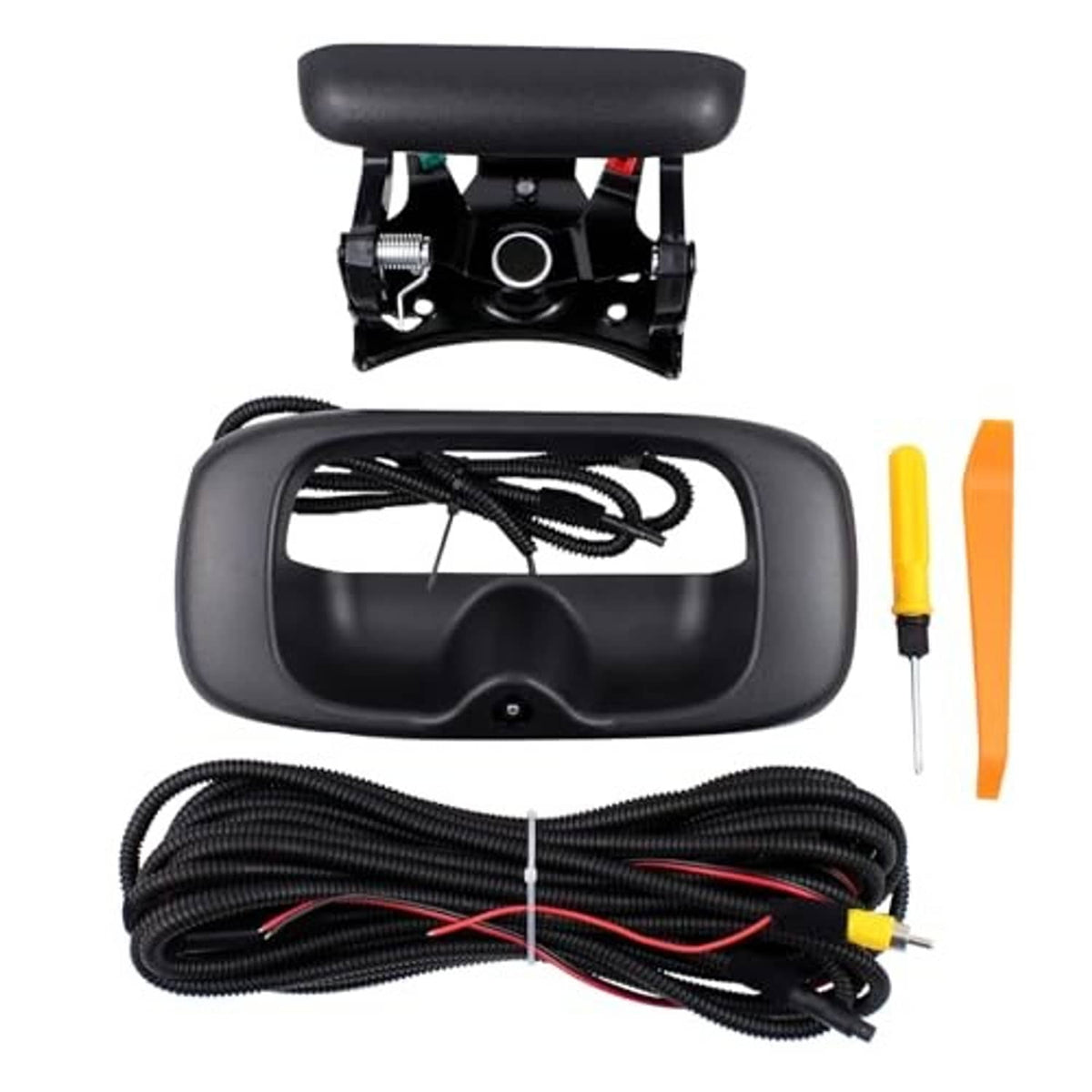 Black backup camera tailgate handle bezel with wiring harness and connector kit
