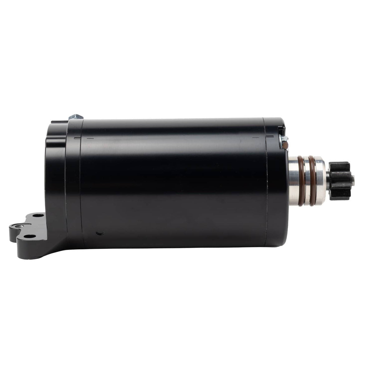 Side view of black starter motor with mounting plate and electrical connector