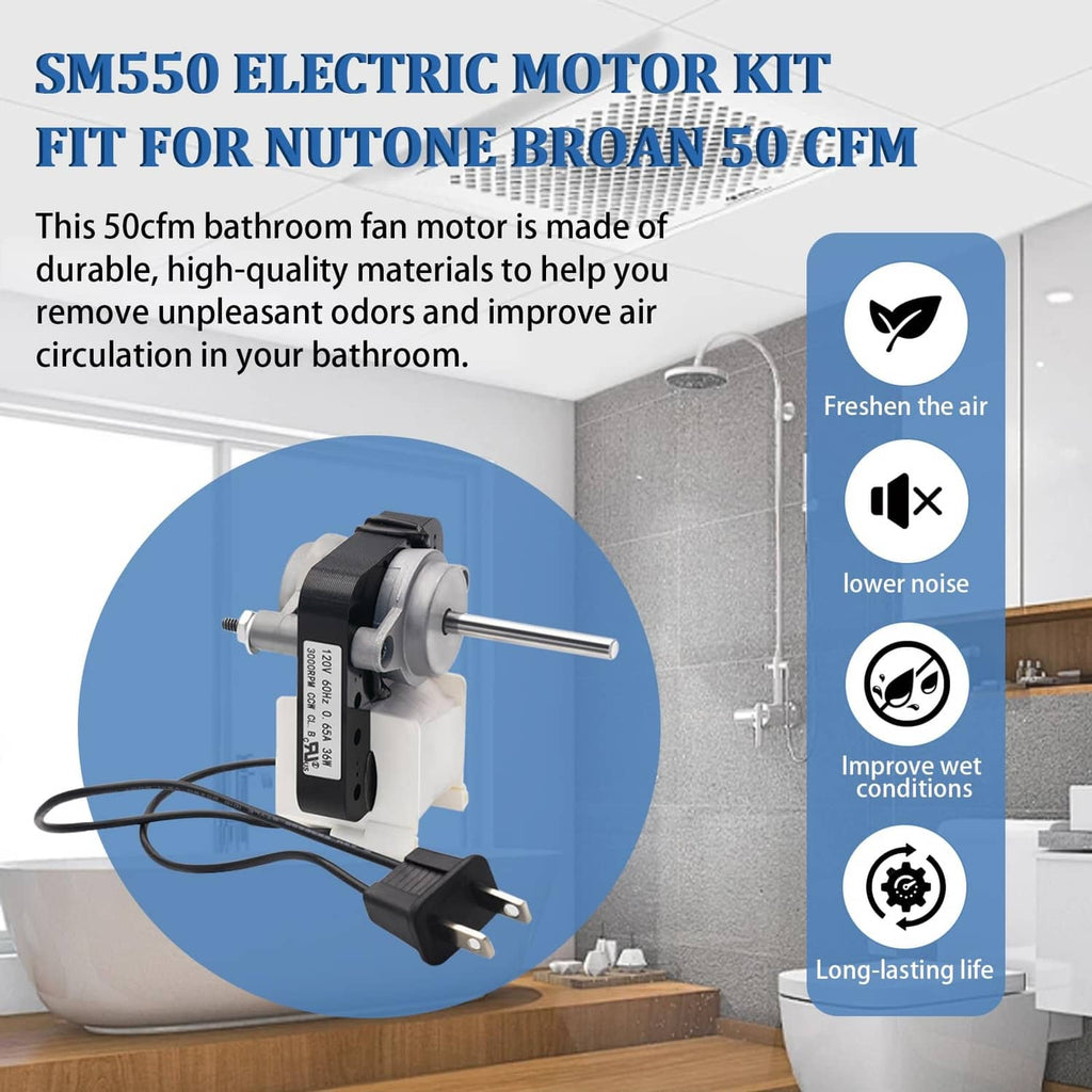Electric bathroom vent fan motor kit with plug-in power cord and motor assembly