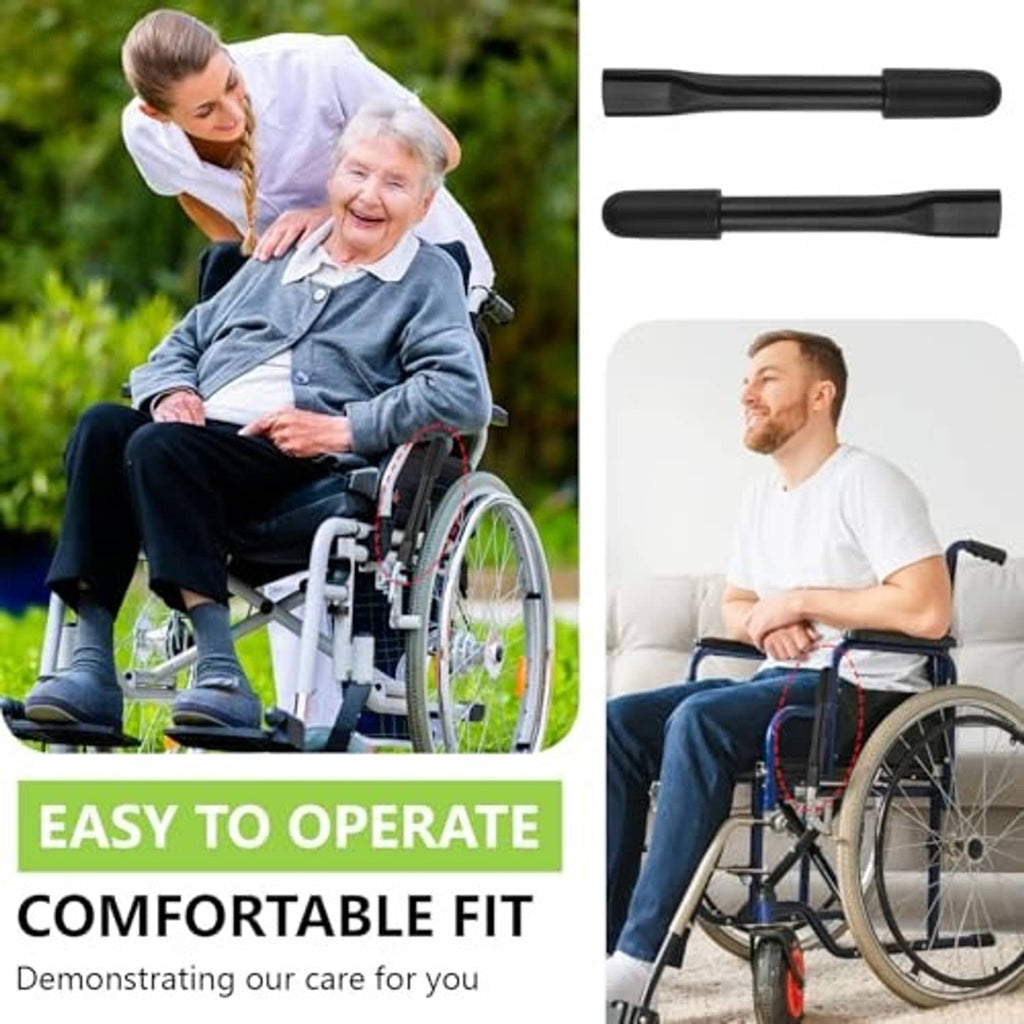 Pair of black wheelchair brake extender rods shown on a wheelchair