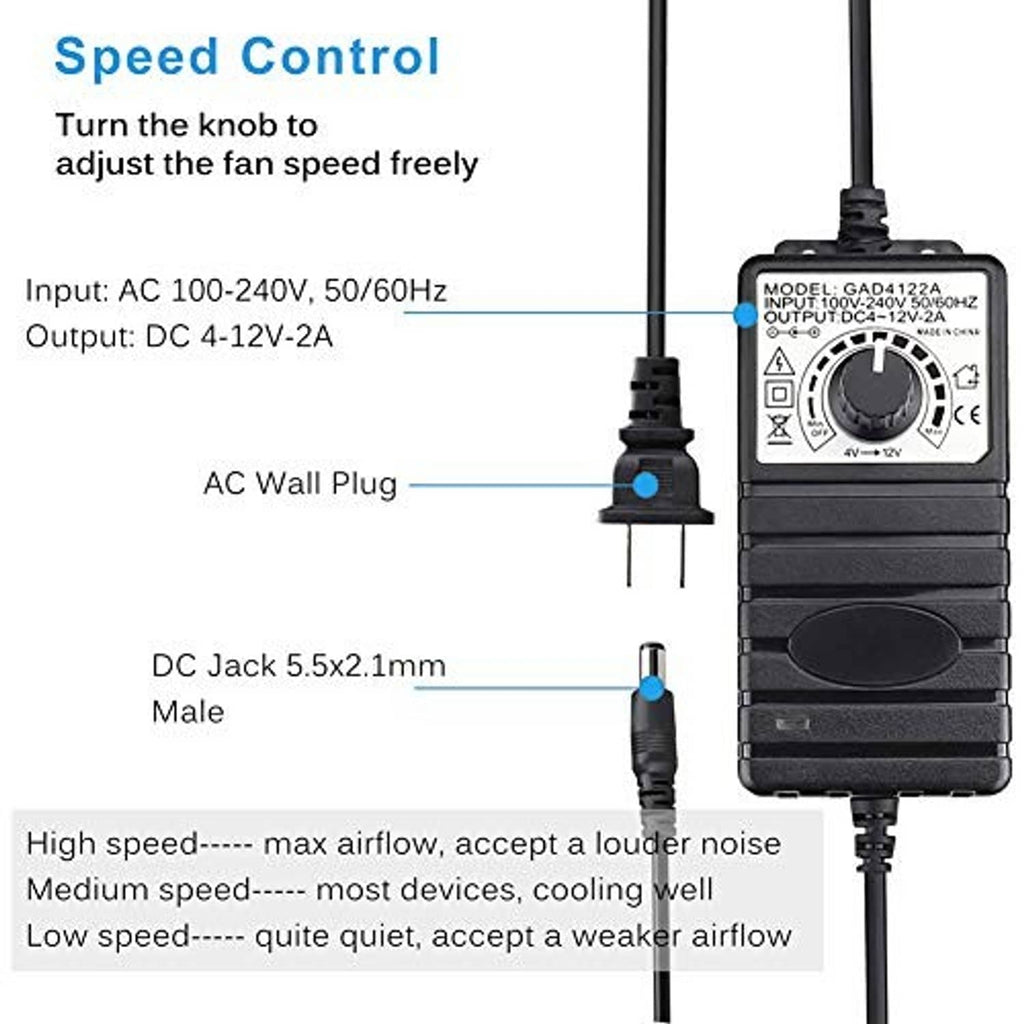 DC 12V power adapter with output cable for dual 120mm cooling fans, speed control knob