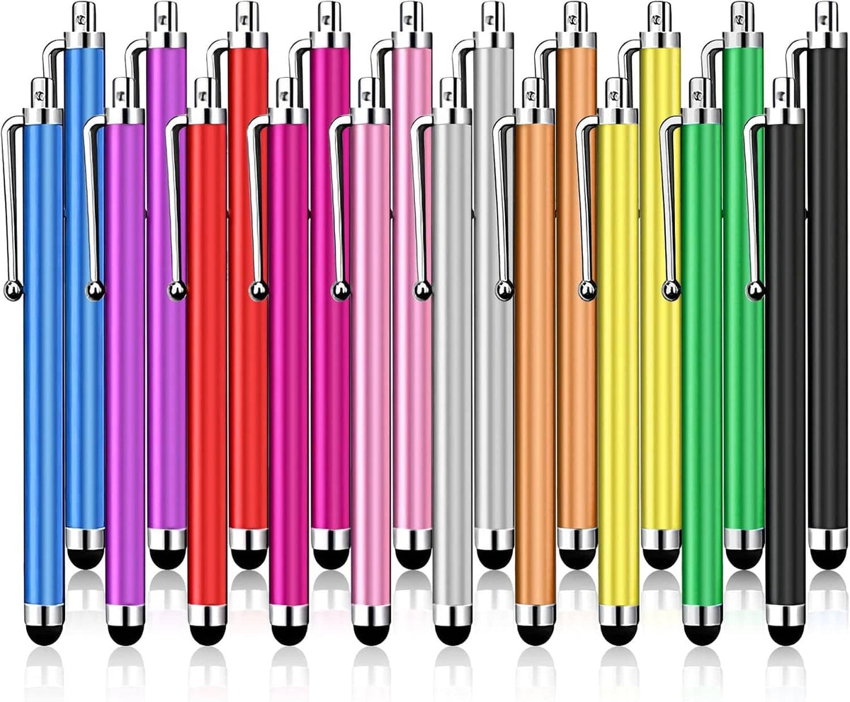 20-pack stylus pen set with silver tips and assorted colors, including blue, pink, and black