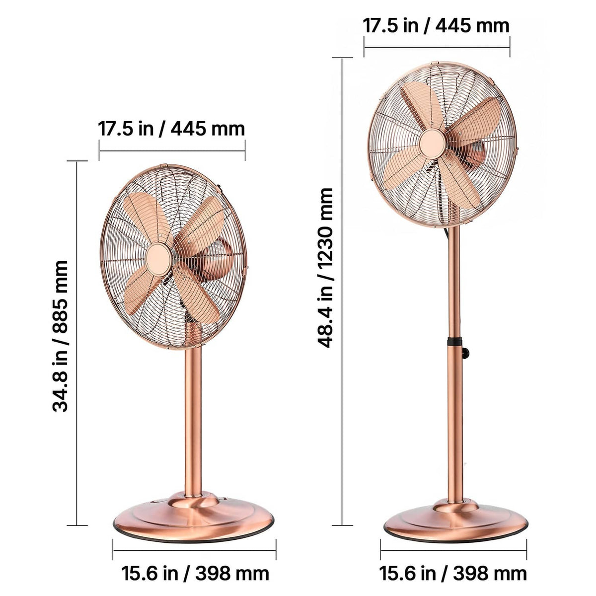 Rose gold pedestal fan with circular grille and stand, shown in two size views