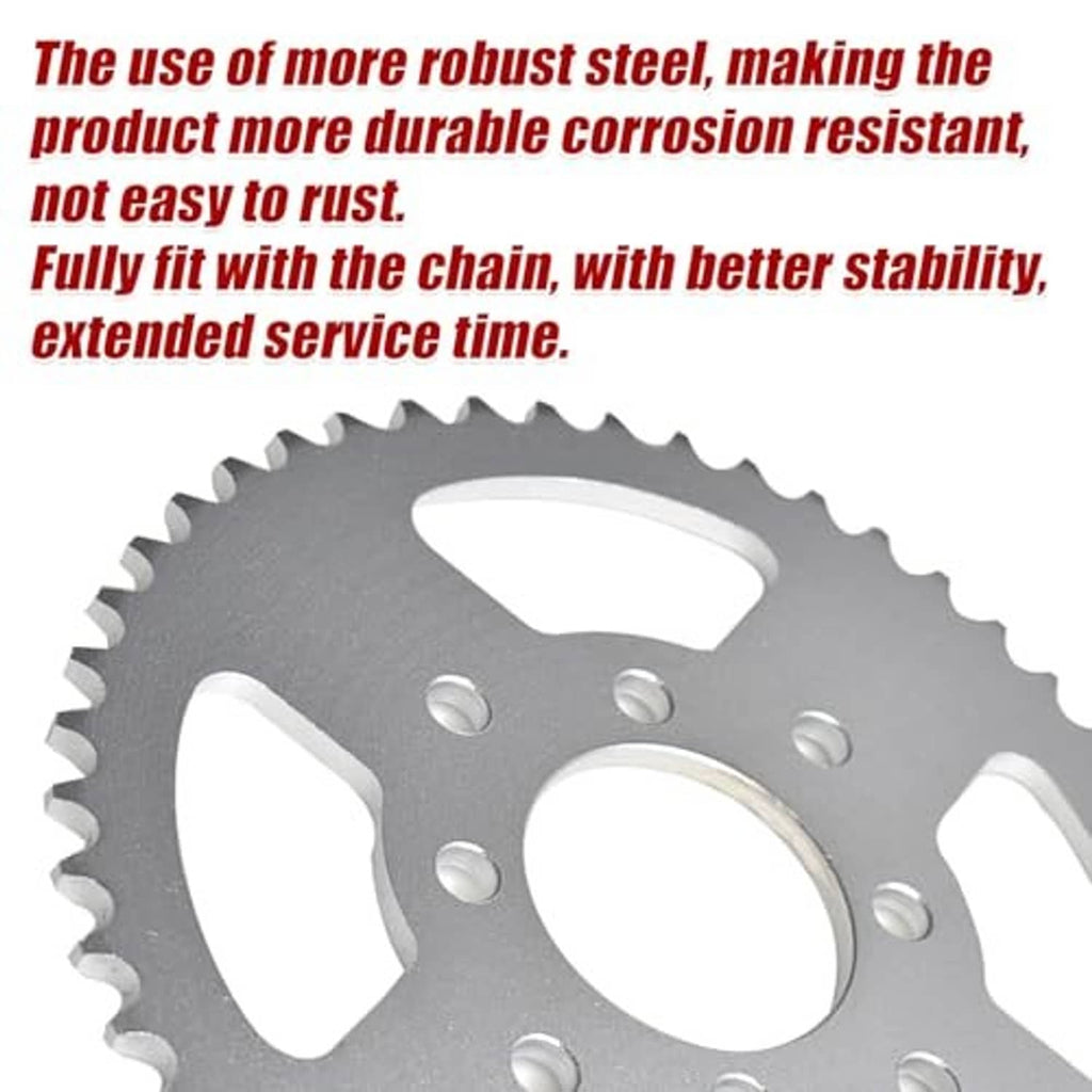 Close-up steel sprocket face with 8 mounting holes and 48 teeth