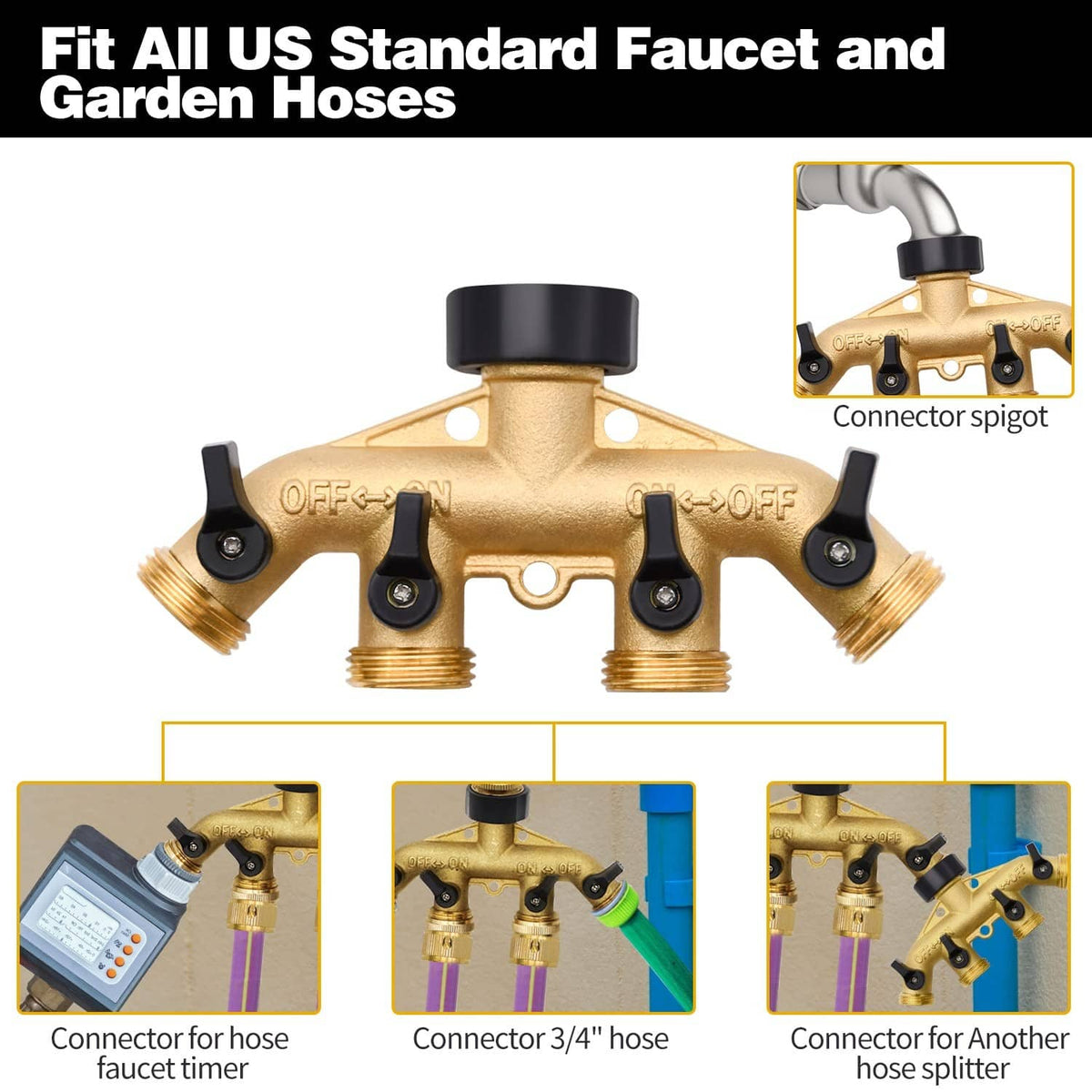 Brass 4-way hose splitter with black control knobs and four outlet connector spigots