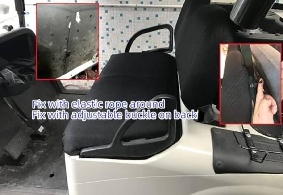 Black mesh seat cover secured to golf cart seat with elastic rope and buckle.