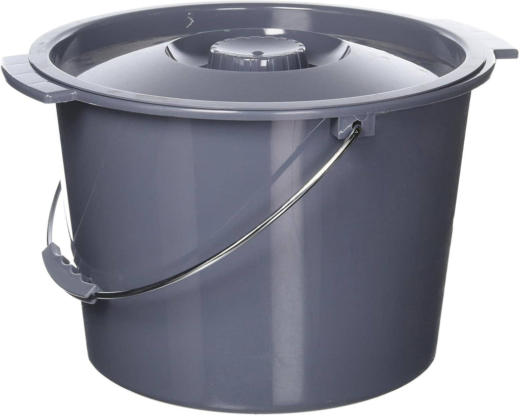 Dark blue plastic commode bucket with lid and side handle, smooth round tub with knob