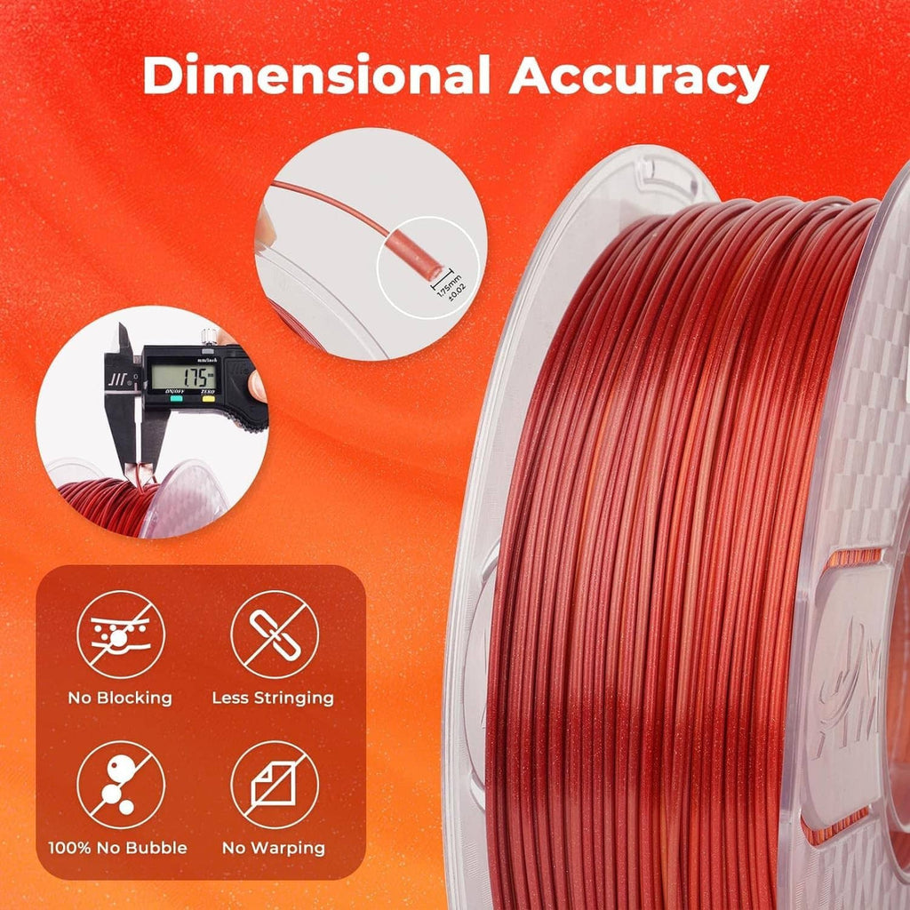 Red-orange silk PLA gradient filament spool with tightly wound strands
