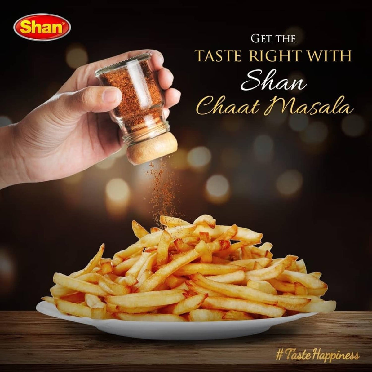 Shan Chaat Masala spice jar held in hand, sprinkled fries plate promotional