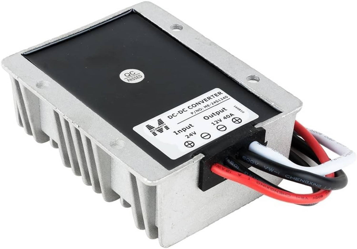 DC DC converter regulator with black label panel and red/black wiring on aluminum body