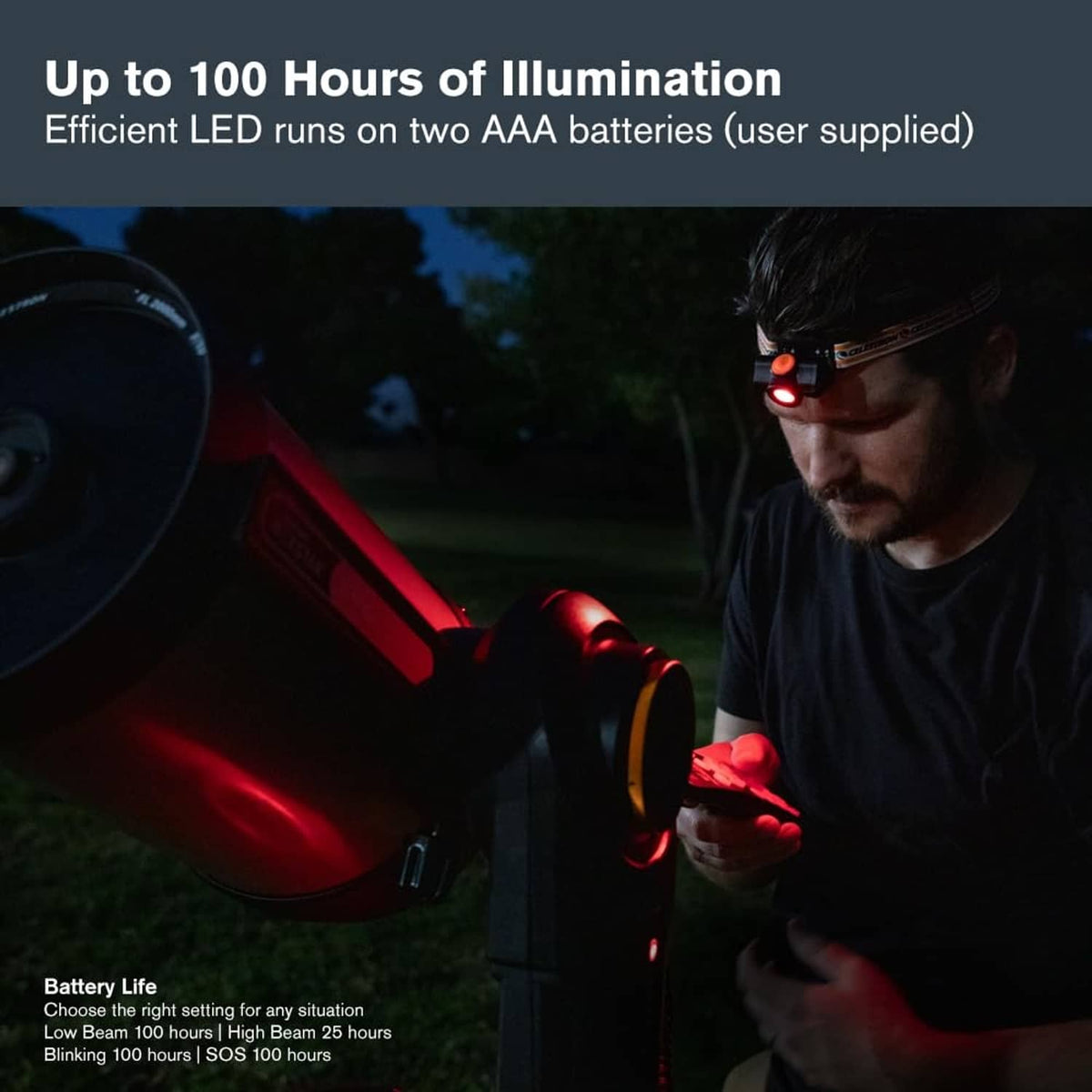 Night vision headlamp worn at night with red LED glowing near forehead