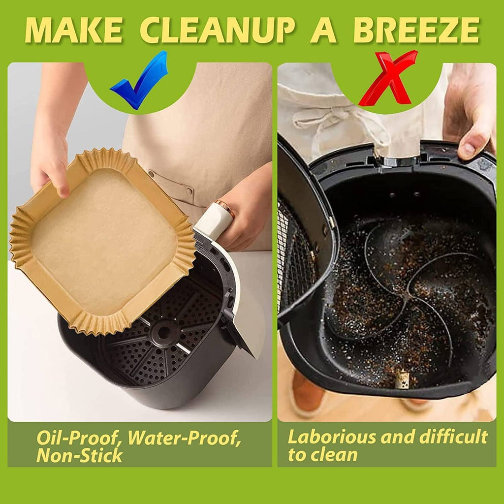 Square air fryer liners laid in basket, wood-brown paper for easy cleanup