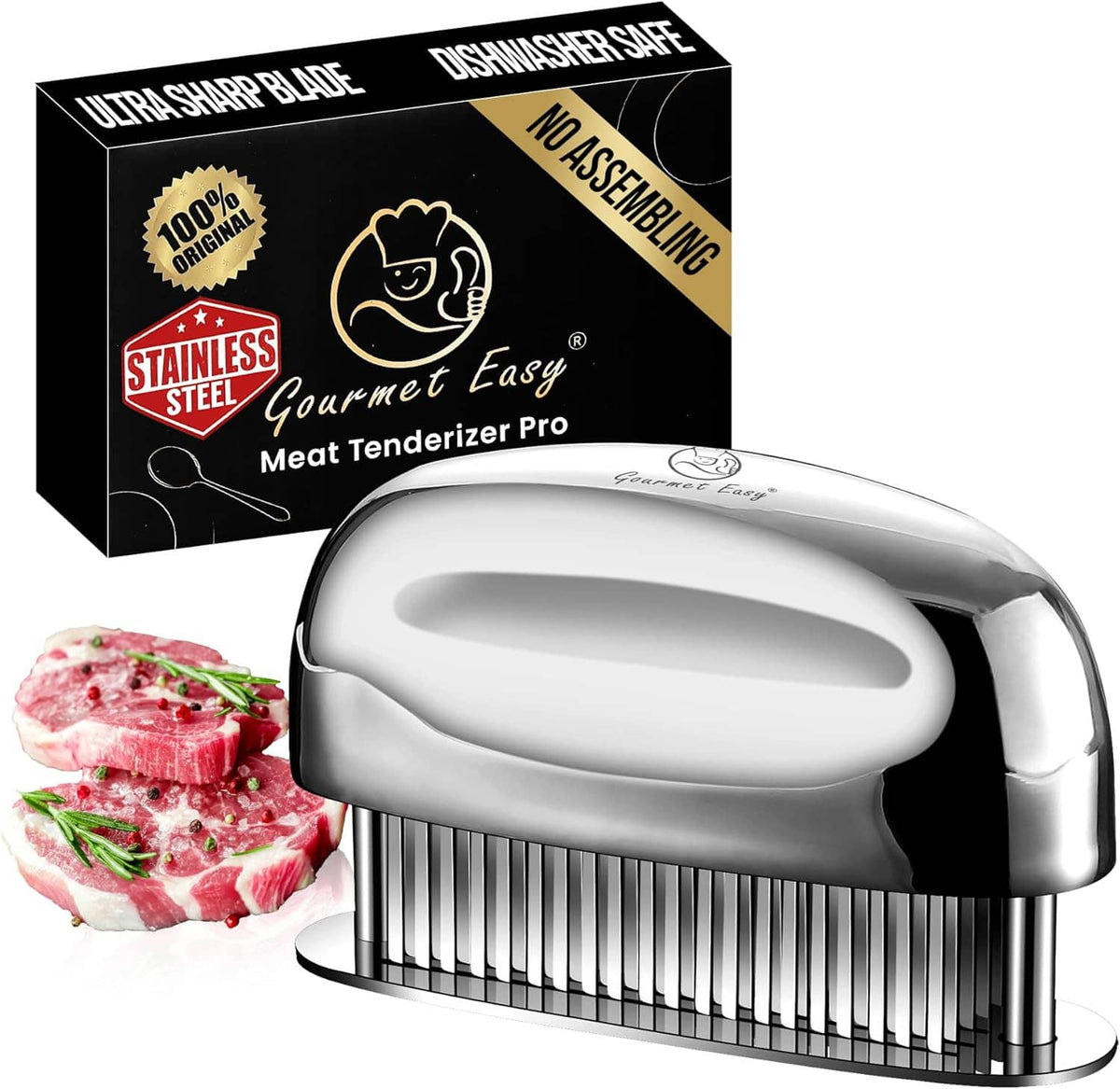 Handheld meat tenderizer tool with stainless needles and silver curved pressing head