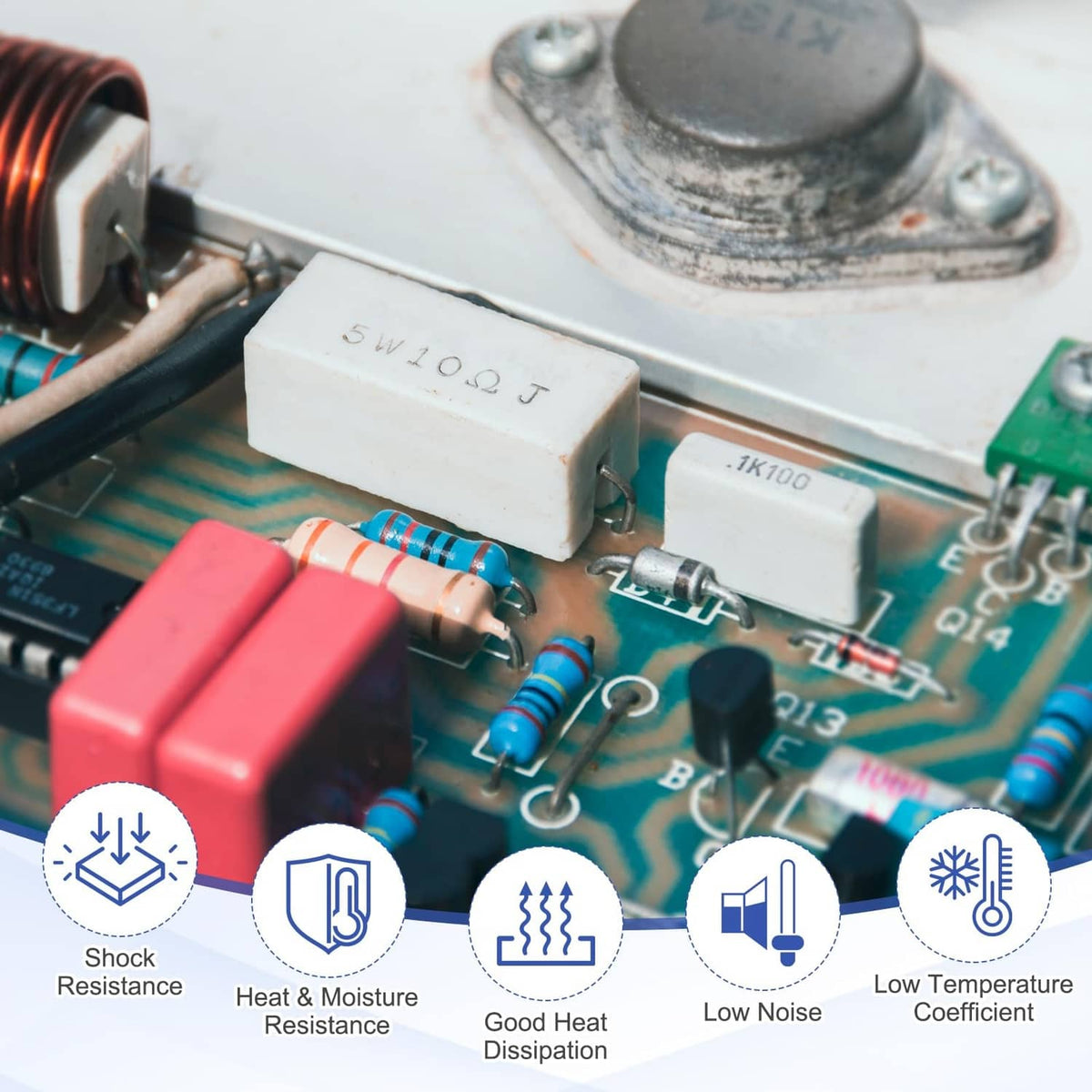 Metal film resistors mounted on electronics circuit board with blue/red banded bodies