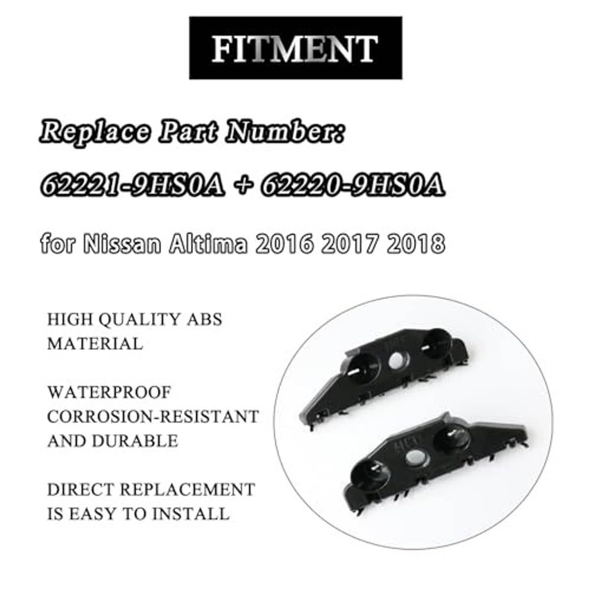 Black ABS front bumper bracket with circular ports and small mounting tabs, pair