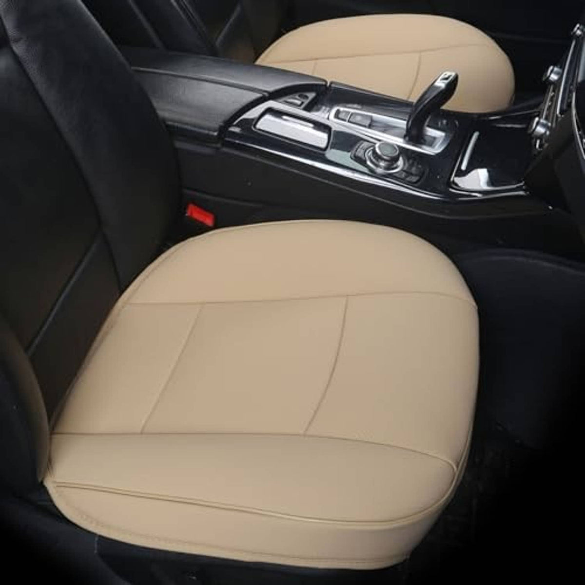 Beige PU leather car seat cover with contoured cushion and side bolsters
