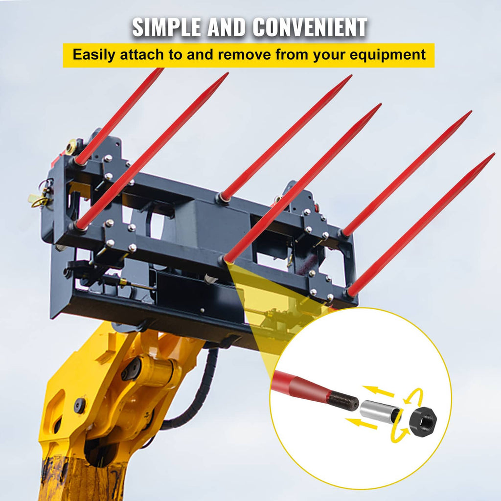 Skidsteer hay bale spear bracket with multiple red prongs and gray mounting hardware