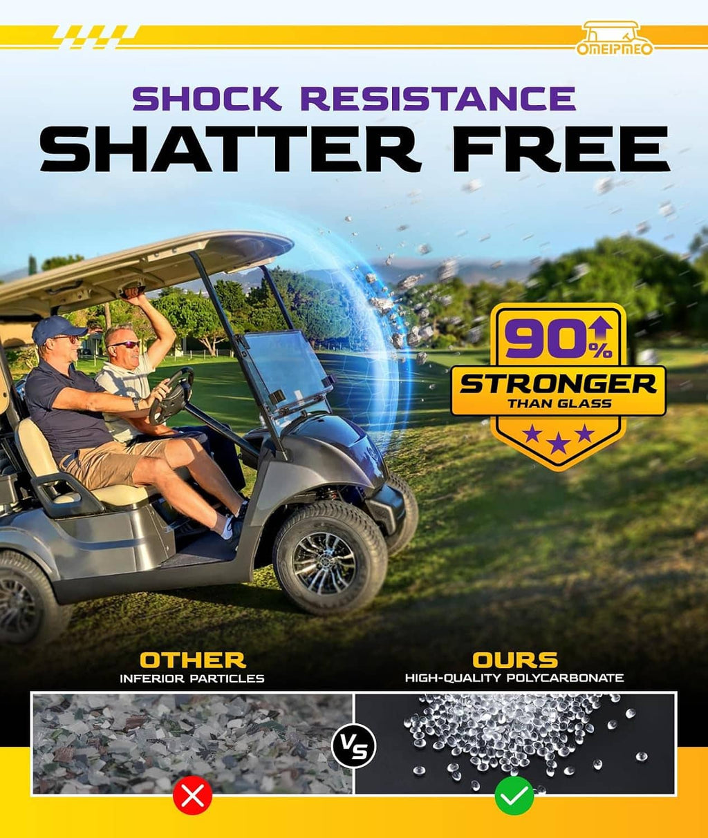 Golf cart windshield with clear panel shown on an outdoor golf cart