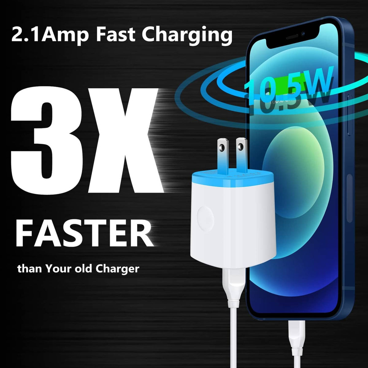 White USB wall charger with blue port and attached charging cable