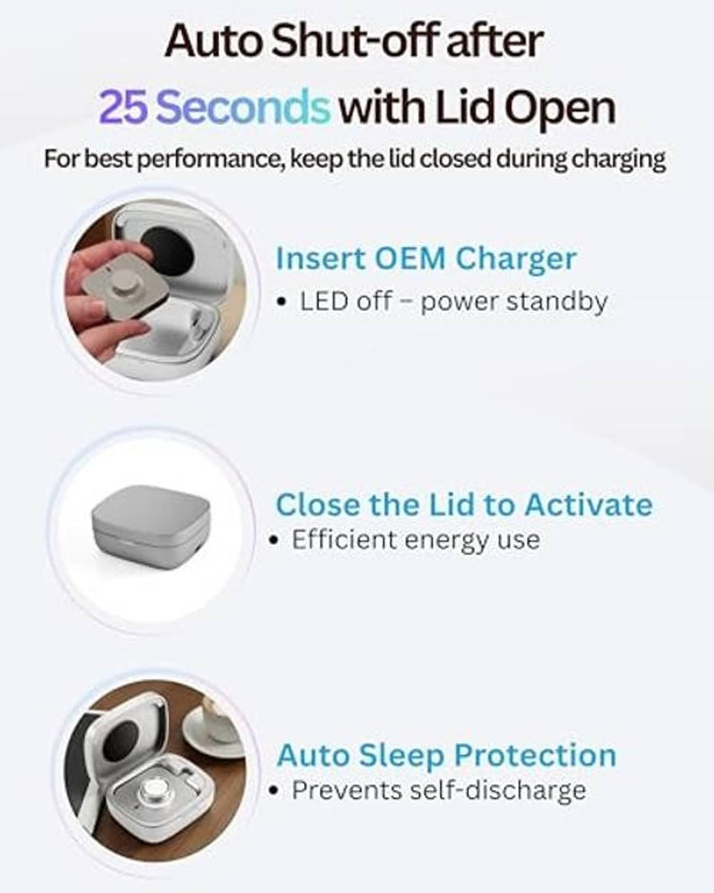 Wireless charging case with lid open and closed positions over ring charger