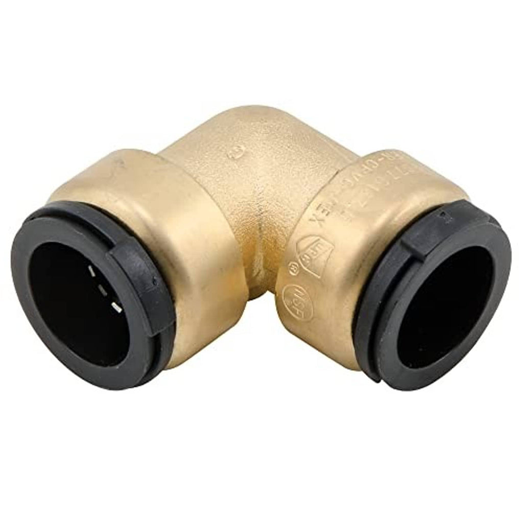 Brass 90-degree elbow fitting with black rubber rings on both ends, 1 in CTS