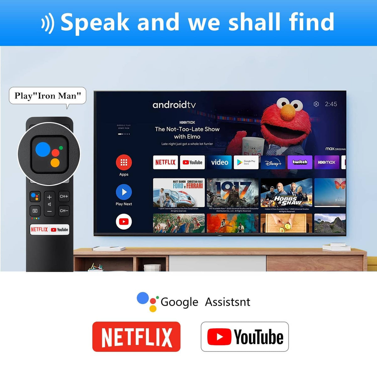 Black voice TV remote showing Google Assistant and Netflix/YouTube shortcuts